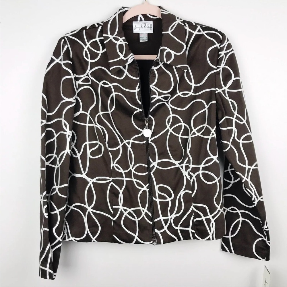 Joseph Ribkoff NWT Embroidered Pattern Zip Up Jacket Brown Size 10